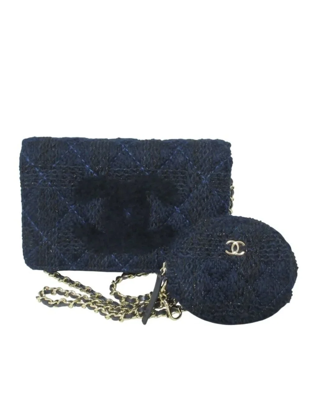 Chanel Quilted CC Logo Knit Tweed Wallet on Chain Navy Shoulder Bag